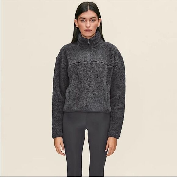 girlfriend collective charcoal gray 1/4 zip recycled fleece sweatshirt Sz S - Picture 1 of 13